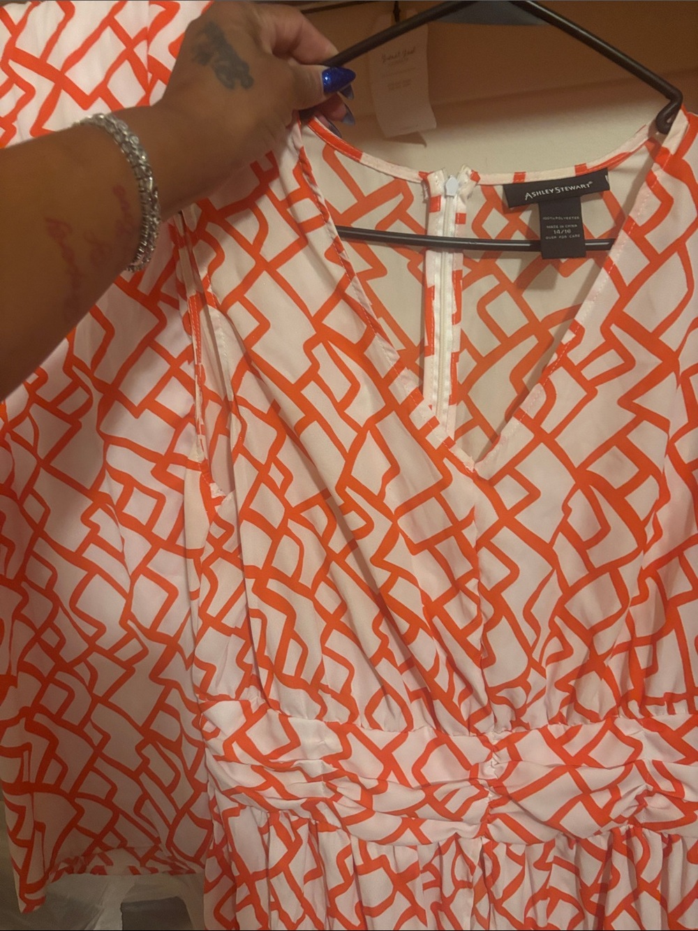 Ashley Stewart White and Orange Geometric V-Neck Tunic